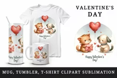 Watercolor cute cat and dog heart balloon Happy Valentine Day quote print 20 oz tumbler skinny mug wrap clipart t-shirt sublimation printable design