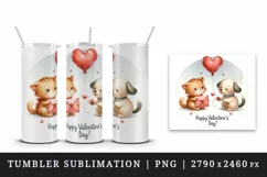 Watercolor cute cat and dog heart balloon Happy Valentine Day quote print 20 oz tumbler skinny mug wrap clipart t-shirt sublimation printable design