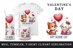 Watercolor cute cat and dog heart balloon Happy Valentine Day quote print 20 oz tumbler skinny mug wrap clipart t-shirt sublimation printable design