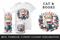 Watercolor cute cat books glasses stack bow print 20 oz tumbler skinny mug wrap clipart t-shirt sublimation printable design