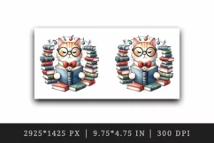 Watercolor cute cat books glasses stack bow print 20 oz tumbler skinny mug wrap clipart t-shirt sublimation printable design