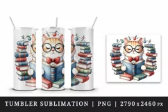 Watercolor cute cat books glasses stack bow print 20 oz tumbler skinny mug wrap clipart t-shirt sublimation printable design