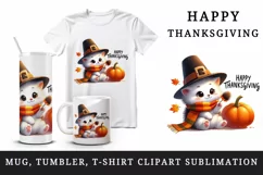 Watercolor cute cat hat pumpkins autumn leaf Happy Thanksgiving quote print 20 oz tumbler skinny mug wrap clipart t-shirt sublimation printable design