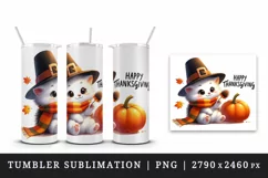 Watercolor cute cat hat pumpkins autumn leaf Happy Thanksgiving quote print 20 oz tumbler skinny mug wrap clipart t-shirt sublimation printable design