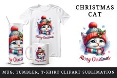 Watercolor cute cat kitten hat scarf Merry Christmas greeting quote print 20 oz tumbler skinny mug wrap clipart t-shirt sublimation printable design