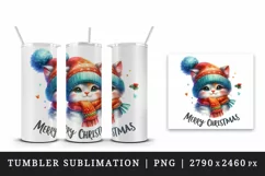 Watercolor cute cat kitten hat scarf Merry Christmas greeting quote print 20 oz tumbler skinny mug wrap clipart t-shirt sublimation printable design