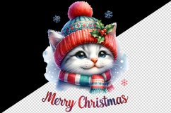 Watercolor cute cat kitten hat scarf Merry Christmas greeting quote print 20 oz tumbler skinny mug wrap clipart t-shirt sublimation printable design