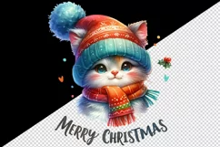 Watercolor cute cat kitten hat scarf Merry Christmas greeting quote print 20 oz tumbler skinny mug wrap clipart t-shirt sublimation printable design