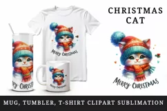 Watercolor cute cat kitten hat scarf Merry Christmas greeting quote print 20 oz tumbler skinny mug wrap clipart t-shirt sublimation printable design