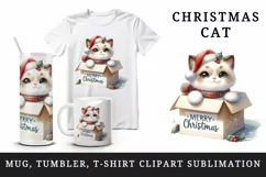 Watercolor cute cat kitten kitty box Merry Christmas greeting quote print 20 oz tumbler skinny mug wrap clipart t-shirt sublimation printable design