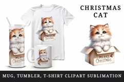 Watercolor cute cat kitten kitty box Merry Christmas greeting quote print 20 oz tumbler skinny mug wrap clipart t-shirt sublimation printable design