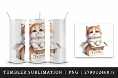Watercolor cute cat kitten kitty box Merry Christmas greeting quote print 20 oz tumbler skinny mug wrap clipart t-shirt sublimation printable design