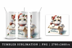 Watercolor cute cat kitten kitty box Merry Christmas greeting quote print 20 oz tumbler skinny mug wrap clipart t-shirt sublimation printable design