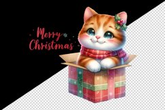 Watercolor cute cat kitten kitty box Merry Christmas greeting quote print 20 oz tumbler skinny mug wrap clipart t-shirt sublimation printable design