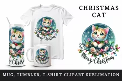 Watercolor cute cat kitten kitty lights Meowy Christmas greeting quote print 20oz tumbler skinny mug wrap clipart t-shirt sublimation printable design