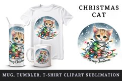 Watercolor cute cat kitten lights Meowy Christmas greeting quote print 20 oz tumbler skinny mug wrap clipart t-shirt sublimation printable design