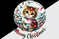 Watercolor cute cat kitten lights Meowy Christmas greeting quote print 20 oz tumbler skinny mug wrap clipart t-shirt sublimation printable design