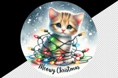 Watercolor cute cat kitten lights Meowy Christmas greeting quote print 20 oz tumbler skinny mug wrap clipart t-shirt sublimation printable design