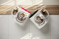 Watercolor cute cat kitten lights Meowy Christmas greeting quote print 20 oz tumbler skinny mug wrap clipart t-shirt sublimation printable design