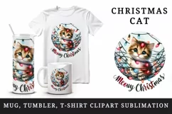 Watercolor cute cat kitten lights Meowy Christmas greeting quote print 20 oz tumbler skinny mug wrap clipart t-shirt sublimation printable design