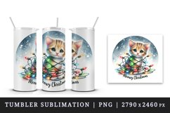 Watercolor cute cat kitten lights Meowy Christmas greeting quote print 20 oz tumbler skinny mug wrap clipart t-shirt sublimation printable design