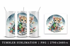 Watercolor cute cat kitten lights Meowy Christmas greeting quote print 20 oz tumbler skinny mug wrap clipart t-shirt sublimation printable design
