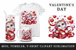 Watercolor cute cat kitten tangled in ribbon hearts love Valentine Day print 20oz tumbler skinny mug wrap clipart t-shirt sublimation printable design
