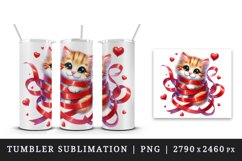 Watercolor cute cat kitten tangled in ribbon hearts love Valentine Day print 20oz tumbler skinny mug wrap clipart t-shirt sublimation printable design