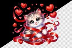 Watercolor cute cat kitten tangled in ribbon hearts love Valentine Day print 20oz tumbler skinny mug wrap clipart t-shirt sublimation printable design