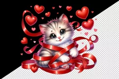 Watercolor cute cat kitten tangled in ribbon hearts love Valentine Day print 20oz tumbler skinny mug wrap clipart t-shirt sublimation printable design