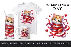 Watercolor cute cat kitten tangled in ribbon hearts love Valentine Day print 20oz tumbler skinny mug wrap clipart t-shirt sublimation printable design