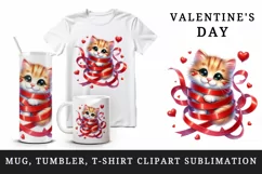 Watercolor cute cat kitten tangled in ribbon hearts love Valentine Day print 20oz tumbler skinny mug wrap clipart t-shirt sublimation printable design