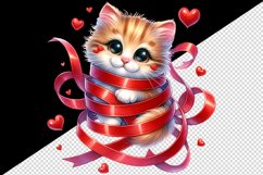 Watercolor cute cat kitten tangled in ribbon hearts love Valentine Day print 20oz tumbler skinny mug wrap clipart t-shirt sublimation printable design