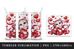 Watercolor cute cat kitten tangled in ribbon hearts love Valentine Day print 20oz tumbler skinny mug wrap clipart t-shirt sublimation printable design