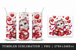 Watercolor cute cat kitten tangled in ribbon hearts love Valentine Day print 20oz tumbler skinny mug wrap clipart t-shirt sublimation printable design