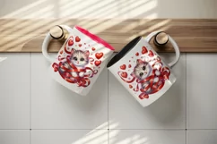 Watercolor cute cat kitten tangled in ribbon hearts love Valentine Day print 20oz tumbler skinny mug wrap clipart t-shirt sublimation printable design
