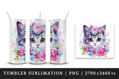 Watercolor cute cat kitty kitten floral pink flowers diamonds sparkle print 20 oz tumbler skinny mug wrap clipart t-shirt sublimation printable design