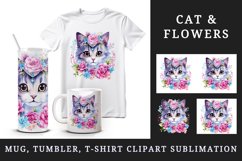 Watercolor cute cat kitty kitten floral pink flowers diamonds sparkle print 20 oz tumbler skinny mug wrap clipart t-shirt sublimation printable design