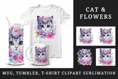 Watercolor cute cat kitty kitten floral pink flowers diamonds sparkle print 20 oz tumbler skinny mug wrap clipart t-shirt sublimation printable design