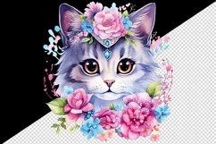 Watercolor cute cat kitty kitten floral pink flowers diamonds sparkle print 20 oz tumbler skinny mug wrap clipart t-shirt sublimation printable design