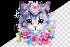 Watercolor cute cat kitty kitten floral pink flowers diamonds sparkle print 20 oz tumbler skinny mug wrap clipart t-shirt sublimation printable design