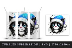 Watercolor cute cat neon blue Santa hat Christmas New Year winter print 20 oz tumbler skinny mug wrap clipart t-shirt sublimation printable design
