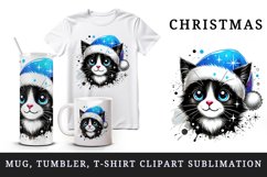 Watercolor cute cat neon blue Santa hat Christmas New Year winter print 20 oz tumbler skinny mug wrap clipart t-shirt sublimation printable design