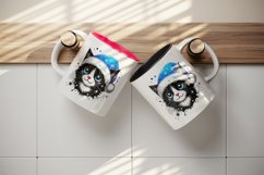 Watercolor cute cat neon blue Santa hat Christmas New Year winter print 20 oz tumbler skinny mug wrap clipart t-shirt sublimation printable design