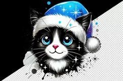 Watercolor cute cat neon blue Santa hat Christmas New Year winter print 20 oz tumbler skinny mug wrap clipart t-shirt sublimation printable design