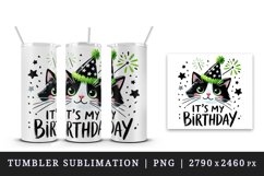 Watercolor cute cat party hat neon green sparkles It s My Birthday quote print tumbler skinny mug wrap clipart t-shirt sublimation printable design