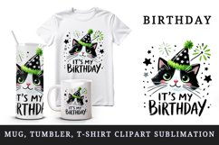 Watercolor cute cat party hat neon green sparkles It s My Birthday quote print tumbler skinny mug wrap clipart t-shirt sublimation printable design