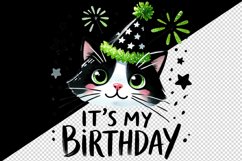 Watercolor cute cat party hat neon green sparkles It s My Birthday quote print tumbler skinny mug wrap clipart t-shirt sublimation printable design