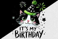 Watercolor cute cat party hat neon green sparkles It s My Birthday quote print tumbler skinny mug wrap clipart t-shirt sublimation printable design