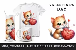 Watercolor cute cat playing ball of yarn shaped heart Valentine Day print 20 oz tumbler skinny mug wrap clipart t-shirt sublimation printable design